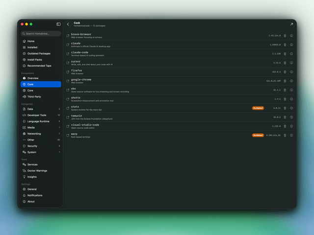 The BrewMenu Dashboard's Cask view, listing installed cask apps like Brave, Firefox, and Visual Studio Code with their versions