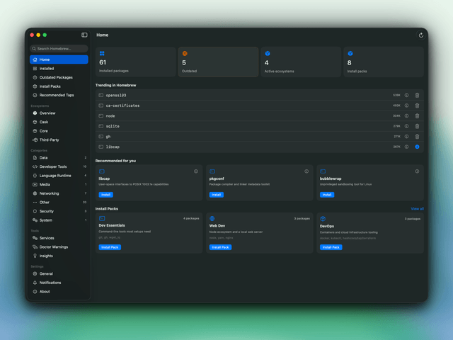 The BrewMenu Dashboard's Home view, showing installed package counts, trending Homebrew formulae, recommended packages, and install packs