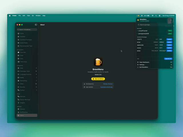 The BrewMenu popover open from the menu bar, showing an insight about accumulated updates, running services, and a list of outdated packages with an Upgrade All button