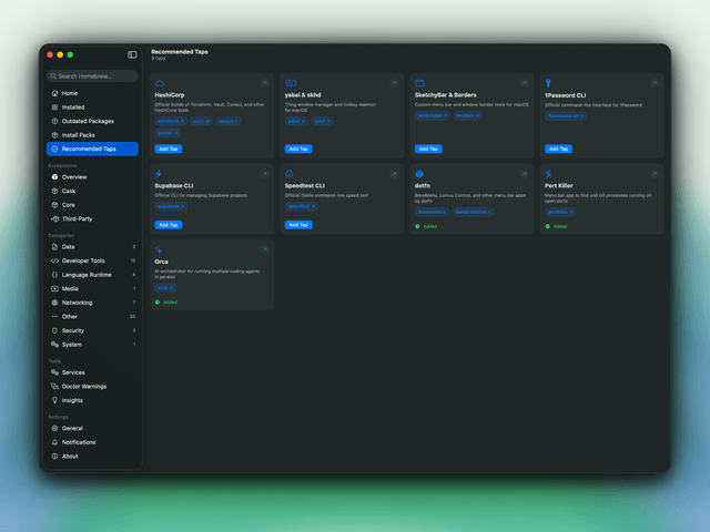 The BrewMenu Dashboard's Recommended Taps view, showing curated third-party taps like HashiCorp, yabai & skhd, and 1Password CLI with Add Tap buttons