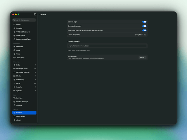 The BrewMenu Dashboard's General settings view, with toggles for login, update count, menu bar icon behavior, and check frequency