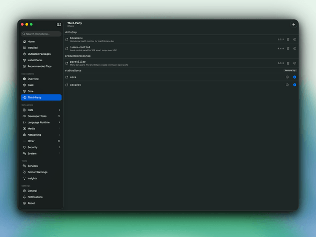 The BrewMenu Dashboard's Third-Party view, listing packages from custom taps such as dotfn/tap and productdevbook/tap